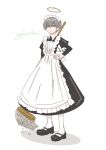  1boy absurdres alternate_costume apron arene_(arknights) arknights black_footwear crossdressing enmaided frilled_apron frills full_body green_eyes grey_hair hair_between_eyes halo hand_on_own_hip highres juliet_sleeves kaprice long_sleeves maid maid_apron maid_headdress male_focus mop pantyhose puffy_sleeves shadow shoes simple_background solo standing twitter_username white_apron white_background white_pantyhose 