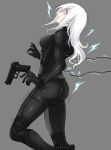  1girl black_bodysuit bodysuit dropping feet_out_of_frame fuku_(fuku12290574) full_body gun handgun highres long_hair motion_lines open_mouth original solo surprised taser weapon white_hair 