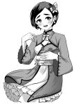  :d absurdres black_hair blush bow breasts earrings greyscale hair_ornament hand_up highres idolmaster idolmaster_cinderella_girls jewelry matsuo_chizuru monochrome necklace short_hair sitting small_breasts smile sonakao wide_sleeves 