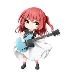  1girl black_footwear black_shirt bocchi_the_rock! chibi closed_mouth clothes_writing electric_guitar full_body green_eyes guitar hair_between_eyes highres holding holding_instrument instrument kita_ikuyo kuena loafers one_side_up red_hair red_socks shirt shoes short_sleeves simple_background skirt smile socks solo white_background white_skirt 