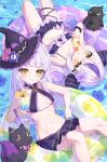  2girls absurdres bendy_straw bikini black_bikini blue_flower breasts brown_eyes commentary_request crow_(la+_darknesss) cup demon_horns drinking_straw feet_out_of_frame flower flower_on_liquid food grey_hair groin highres holding holding_cup holding_food hololive horns ice_cream innertube la+_darknesss long_hair lying masaki_(msk064) multicolored_hair multiple_girls murasaki_shion navel on_back parted_lips petals petals_on_liquid purple_hair small_breasts streaked_hair swimsuit very_long_hair virtual_youtuber water yellow_eyes 