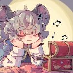  1girl ahoge animal_ear_fluff animal_ears bed blue_capelet capelet closed_eyes closed_mouth commentary_request grey_hair grey_vest hands_on_own_cheeks hands_on_own_face indoors listening_to_music long_sleeves loose_hair_strand mame_komari mouse_ears mouse_girl mouse_print music_box musical_note nazrin shirt smile solo touhou treasure_chest twitter_username upper_body vest white_shirt white_sleeves 