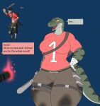  anthro bandage big_butt butt clothed clothing dialogue dinosaur dromaeosaurid duo female flat_colors hi_res holding_object holding_weapon human humanoid looking_at_another male mammal medic_(team_fortress_2) melee_weapon miss-jeanette(photolol.03) photolol.03 reptile scalie scout_(team_fortress_2) shirt simple_background t-shirt team_fortress_2 text theropod thick_thighs topwear valve velociraptor weapon wide_hips 