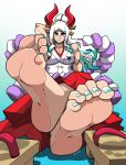  2022 5_toes asian_mythology barefoot breasts clothing colored_nails east_asian_mythology feet female foot_focus hair hi_res horn horned_humanoid humanoid humanoid_feet japanese_mythology light_body light_skin long_hair looking_at_viewer mostlyfunstuff mythology nails not_furry one_piece plantigrade signature simple_background smile smirk soles solo toes yamato_(one_piece) yokai 