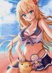  1girl akai_haato beach between_legs bikini bikini_under_clothes blonde_hair blue_eyes blue_skirt blue_sky breasts cleavage cloud haaton_(akai_haato) hair_ornament hair_ribbon heart heart_hair_ornament high-waist_bikini highres hololive hololive_summer_2023_swimsuit kai-yo large_breasts long_hair looking_at_viewer navel open_mouth red_bikini ribbon sand skirt sky smile striped striped_bikini swimsuit virtual_youtuber water 