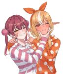  2girls blonde_hair blush cheek_poking dark-skinned_female dark_skin grin hair_between_eyes hairband heterochromia highres hololive houshou_marine long_hair looking_at_viewer multicolored_hair multiple_girls one_eye_closed orange_eyes orange_hairband pajamas pointy_ears poking polka_dot polka_dot_pajamas red_eyes red_hair ribbon shino_12a shiranui_flare smile squishing streaked_hair striped striped_pajamas twintails virtual_youtuber white_background white_hair yellow_eyes 