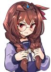  1girl :d alternate_hairstyle animal_ears bespectacled braid brown_hair commentary daiwa_scarlet_(umamusume) fang glasses horse_ears horse_girl long_hair long_sleeves looking_at_viewer meyamu red_eyes round_eyewear school_uniform simple_background skin_fang smile solo symbol-only_commentary tiara tracen_school_uniform twin_braids umamusume upper_body white_background winter_uniform 
