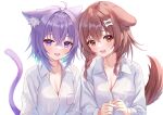  2girls :3 :d absurdres ahoge animal_ear_fluff animal_ears blush bone_hair_ornament braid breasts brown_eyes brown_hair cartoon_bone cat_ears cat_girl cat_tail cleavage commentary_request crossed_bangs dog_ears dog_girl dog_tail fangs hair_between_eyes hair_ornament highres hololive inugami_korone large_breasts long_sleeves looking_at_viewer low_twin_braids medium_hair multiple_girls nekomata_okayu nekomata_okayu_(4th_costume) open_mouth purple_eyes purple_hair shirt sidelocks simple_background smile tail togemaru34 twin_braids upper_body virtual_youtuber white_background white_shirt 