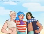  3boys abs animal_ears artist_name asymmetrical_bangs beard blue_hair buggy_the_clown cabaji closed_mouth clown_nose facial_hair facial_mark gloves hair_over_one_eye highres lavender-clown long_hair low_ponytail male_focus mohji multicolored_hair multiple_boys one_piece open_mouth ponytail red_nose scarf shirt short_hair smile striped striped_shirt teeth two-tone_hair white_gloves white_hair 