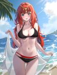  1girl absurdres alternate_costume alternate_hairstyle ass_visible_through_thighs bare_arms bare_shoulders beach bikini black_bikini blue_eyes breasts cleavage commission cowboy_shot fakey genshin_impact halterneck highres holding large_breasts layered_bikini navel nilou_(genshin_impact) open_mouth red_bikini red_hair sarong skindentation smile solo stomach string_bikini swimsuit thigh_gap thighs tiara wet 
