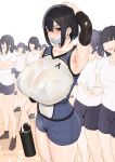  6+girls absurdres arm_guards arm_up armpits black_bra black_hair blue_shorts blush bottle bra bra_visible_through_clothes breasts collarbone earrings faceless faceless_female gym_uniform hair_between_eyes highres holding holding_bottle huge_breasts jewelry kirinkirin looking_at_viewer mask mask_pull mouth_mask multiple_girls original people shirt shorts sidelocks sideways_glance sleeveless sleeveless_shirt solo_focus stud_earrings sweatdrop tumbler underwear wet wet_clothes wet_shirt 