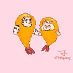  2boys animal_ears arknights bara blank_eyes couple dated dog_boy food_request foodification full_body furry furry_male furry_with_furry highres holding_hands horns hung_(arknights) male_focus mountain_(arknights) multiple_boys nunun_(nununnong) short_hair single_horn thick_eyebrows tiger_boy tiger_ears white_fur yaoi 