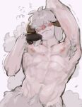  2023 abs absurd_res anthro areola blush bovid caprine fur hi_res hooves horn kogito male mammal muscular muscular_anthro muscular_male naves nipples pubes sheep simple_background solo white_background wool_(fur) 