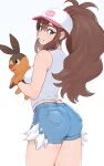  1girl ass baseball_cap blue_eyes blue_shorts breasts brown_hair cheshirrr cowboy_shot denim denim_shorts grin hair_through_headwear hat high_ponytail highres hilda_(pokemon) holding holding_pokemon long_hair medium_breasts poke_ball_print pokemon pokemon_(creature) pokemon_(game) pokemon_bw short_shorts shorts smile tank_top tepig thighs very_long_hair white_tank_top 