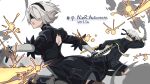  1boy 1girl 2b_(nier:automata) black_blindfold black_dress black_gloves black_hairband black_jacket black_shorts black_thighhighs blindfold commentary copyright_name dress explosion gloves hairband hajikkoneko highres jacket katana midair mole mole_under_mouth nier:automata nier_(series) parted_lips short_hair shorts simple_background smoke sword thighhighs weapon white_background white_hair 