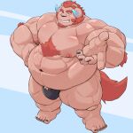  anthro belly body_hair bulge chernobog chest_hair clothing demon fur grin hi_res horn lifewonders male musclegut navel nipples one_eye_closed otukimi0808 pecs pink_body pink_fur smile solo thong tokyo_afterschool_summoners underwear wink 