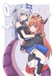  2girls ahoge amane_kanata angel_wings asymmetrical_legwear bangs bare_shoulders black_dress black_gloves black_hairband black_jacket blonde_hair blue_hair blue_thighhighs blunt_bangs blush border carrying carrying_person colored_inner_hair cowboy_shot dragon_girl dragon_horns dragon_tail dress fangs feathered_wings feet_out_of_frame frilled_dress frills frown gloves gradient_dress gradient_wings grey_background grey_hair hair_intakes hair_ornament hairband hairclip halo hand_on_another&#039;s_head hand_on_another&#039;s_shoulder highres hitsuji_nata hololive horns jacket jewelry kiryu_coco kneehighs long_hair looking_at_another looking_at_viewer miniskirt mismatched_legwear multicolored_eyes multicolored_hair multicolored_wings multiple_girls necklace official_alternate_costume orange_hair outside_border parted_lips partially_fingerless_gloves pink_hair pleated_dress pleated_skirt pointy_ears purple_eyes red_eyes red_skirt shirt short_dress sidelocks simple_background single_hair_intake single_kneehigh single_sock single_thighhigh skin_fangs skirt sleeveless sleeveless_dress socks star_(symbol) star_halo star_necklace streaked_hair sweatdrop tail thigh_pouch thighhighs thought_bubble translation_request uneven_legwear virtual_youtuber white_border white_shirt wings 