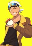  1boy absurdres belt belt_buckle black_shirt brown_jacket buckle commentary_request friede_(pokemon) goggles goggles_on_head grin highres holding holding_poke_ball jacket ka_ni2_08 long_sleeves male_focus open_clothes open_jacket poke_ball poke_ball_(basic) pokemon pokemon_(anime) pokemon_horizons shirt simple_background smile solo teeth upper_body white_hair yellow_background yellow_eyes 