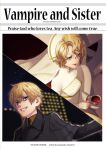  1boy 1girl black_coat black_vs_white blonde_hair blood coat cover cover_page cup doujin_cover dress hair_between_eyes kagamine_len kagamine_rin long_sleeves nun priest short_hair sister&#039;s_mercy_(vocaloid) suzunosuke_(sagula) teacup vampire vampire&#039;s_pathos_(vocaloid) vocaloid white_dress 