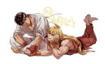  2boys aged_down bara barefoot black_hair blonde_hair couple dougi elbow_rest eye_contact fingerless_gloves gloves headband holding_hands interlocked_fingers ken_masters leaning_forward looking_at_another lying male_focus multiple_boys muscular muscular_male on_stomach pectoral_cleavage pectorals ryu_(street_fighter) short_hair sideburns sitting smile street_fighter thick_eyebrows white_background yaoi yuiofire 