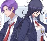  1boy 1girl artist_name between_breasts black_hair black_suit breasts cleavage hair_over_eyes highres holding holding_test_tube ichiko_nemuri long_hair looking_at_another mole mole_under_mouth necktie nico_vorgeil purple_hair red_necktie shirt shishiruto short_hair suit test_tube undead_unluck upper_body white_background white_shirt 