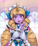  1girl :d apron blue_bow blue_bowtie blush bow bowtie cafe_cuties_soraka colored_skin cowboy_shot dress drill_hair heart horns indoors league_of_legends long_sleeves maid_apron maid_headdress own_hands_together phantom_ix_row pink_dress pink_eyes pink_skin pointy_ears single_horn smile solo soraka_(league_of_legends) sparkle teeth tongue twin_drills twintails upper_teeth_only white_dress window 