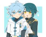  ! 2boys ahoge black_bodysuit blue_eyes blue_hair blush bodysuit child chinese_clothes chongyun_(genshin_impact) commentary_request cowboy_shot frilled_sleeves frills frown genshin_impact hand_on_another&#039;s_shoulder hood hoodie light_blue_hair long_sleeves male_child male_focus mixing_(pixiv2003451) multiple_boys simple_background speech_bubble spoken_exclamation_mark tassel whispering white_hoodie xingqiu_(genshin_impact) yellow_eyes 