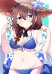  1girl bikini blue_bikini blue_eyes blush breasts brown_hair brown_headwear cleavage closed_mouth collarbone groin hair_between_eyes hat kantai_collection large_breasts long_hair navel sanninme_no_haru shigure_(kancolle) shigure_kai_san_(kancolle) shirt solo straw_hat swimsuit upper_body white_shirt 