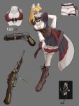  anthro big_breasts blonde_hair boots brassiere breasts brown_nose canid canine canis clothing dress female footwear fur gfox404 grey_body grey_fur gun hair hi_res legwear mammal purple_eyes ranged_weapon red_clothing solo stockings underwear weapon white_body white_fur wolf 