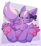  4_toes aggretsuko anthro anus blue_eyes breasts claws clitoris ear_bow feet female fluffy fluffy_tail foot_focus fur genitals hi_res looking_at_viewer makeup mammal mephitid nude orez_art pawpads plump_labia purple_body purple_fur pussy reclining sanrio shikabane_(aggretsuko) skunk solo tail toes 