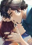  1boy 1girl absurdres black_hair blue_shirt brown_eyes brown_hair city_hunter closed_eyes eyebrow_cut eyelashes fingernails hetero highres kiss kissing_forehead long_hair makimura_kaori saeba_ryou shirt simple_background twitter_username veins veiny_hands white_background yuu_(masarunomori) 