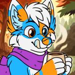  3_fingers animated anthro autumn beverage blue_body blue_fur briggan candy canid canine chocolate coffee container cup dessert fingers food forest forest_background fox fur hi_res hot_chocolate male mammal mug nature nature_background oggythefox orange_body orange_fur plant red_fox scarf solo steam tongue tongue_out tree unnatural_colors white_body white_fur 
