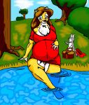  ambiguous_gender anthro basket belly big_breasts blue_eyes breasts brown_hair chest_tuft clothing cloud container danellz digital_media_(artwork) dress duo feet_in_water felid female feral footwear fur grass hair hand_on_stomach high_heels kathy_(danellz) lagomorph leporid lion mammal multicolored_body multicolored_fur pantherine panties plant pregnant pregnant_female rabbit red_clothing red_dress shrub sky socks tree tuft two_tone_body two_tone_fur underwear water white_body white_fur 