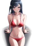  1girl absurdres bare_shoulders bikini black_hair blush breasts cleavage closed_mouth collarbone grey_eyes hair_ornament highres large_breasts long_hair looking_at_viewer love_live! love_live!_nijigasaki_high_school_idol_club navel one_side_up red_bikini sitting smile solo stomach swimsuit ta_02ss wet yuuki_setsuna_(love_live!) 