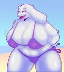  anthro big_breasts bikini blush bovid breasts caprine clothed clothing erect_nipples female goat horn huge_breasts mammal mature_female nipples partially_clothed smile solo swimwear thick_thighs toriel undertale_(series) zixzs-redlight 