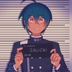  1boy 2023 ahoge alternate_skin_color barbie_mugshot_(meme) black_hair black_jacket cele_(310v3) character_name copyright_name danganronpa_(series) danganronpa_v3:_killing_harmony dark-skinned_male dark_skin highres jacket long_sleeves looking_at_viewer male_focus meme mugshot saihara_shuichi short_hair signature solo sweatdrop teeth twitter_username yellow_eyes 