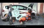  2023 absurd_res anthro biped brown_body brown_fur brown_hair canid canine car duo english_text ewgengster_(artist) female fox fur grey_body grey_hair grey_scales hair hi_res honda iris_(zepompom) levitation magic_user mammal mechanic orange_body orange_fur reptile scales scalie text tools traditional_media_(artwork) vehicle wrench yellow_eyes 