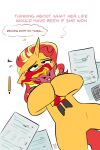  blonde_hair bored demon english_text equestria_girls equid equine fangs fur hair hasbro hi_res horn mammal multicolored_hair my_little_pony paper pencil_(object) plushie red_hair redxbacon sunset_shimmer_(eg) taxes teeth text thought_bubble two_tone_hair unicorn yellow_body yellow_fur 