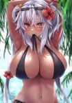  1girl absurdres alternate_costume armpits arms_up bikini black_nails blurry blurry_background blush breasts brown_eyes cleavage commentary_request crossed_bangs dark-skinned_female dark_skin dated eyewear_on_head flower grey_hair hair_between_eyes hair_flower hair_ornament highres huge_breasts kantai_collection long_hair looking_at_viewer mashiro_yukiya mouth_hold musashi_(kancolle) navel ocean outdoors side-tie_bikini_bottom signature smile solo sunglasses swimsuit twintails two_side_up untied_bikini 