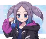  1girl arshem_laia artist_name black_jacket blue_eyes blue_hair blush gradient_hair hood hood_down jacket long_sleeves megaton_musashi multicolored_hair purple_hair simple_background smile solo tabana twintails upper_body 