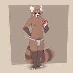  ailurid anthro briefs brown_body brown_fur bulge clothed clothing ear_piercing fur hand_in_underwear hi_res looking_at_object looking_at_phone male mammal markings minedoo minedoo_(character) piercing red_panda scratching solo striped_markings striped_tail stripes tail tail_markings underwear underwear_only 