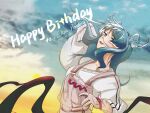  1girl blue_eyes blue_hair character_name cloud dated elira_pendora english_commentary fang floating_hair gloves grey_gloves grey_overalls happy_birthday head_wings heterochromia highres leaning_back long_hair low_wings nijisanji nijisanji_en off_shoulder one_eye_covered open_mouth overalls purple_eyes single_glove sky sleeves_past_fingers sleeves_past_wrists smile solo sweater virtual_youtuber white_sweater wings yura_canteat 