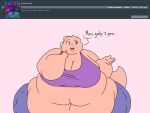  2018 4:3 5_fingers anthro ask_blog batspid2 belly big_belly big_breasts blue_clothing bottomwear breasts cleavage clothed clothing crop_top cutoffs denim denim_clothing dialogue digital_drawing_(artwork) digital_media_(artwork) english_text eyebrows eyelashes female fingers flabby_arms flat_colors frill_(anatomy) head_crest head_frill huge_breasts juna_(batspid2) lizard love_handles membrane_(anatomy) membranous_frill morbidly_obese morbidly_obese_anthro morbidly_obese_female navel obese obese_anthro obese_female open_mouth overweight overweight_anthro overweight_female pink_body pink_skin purple_clothing purple_eyes raised_eyebrow reptile scalie shirt shorts simple_background solo tail text topwear wide_hips 