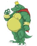  2013 anthro belly big_belly canson cape chubby_anthro chubby_male claws clothing crocodilian crown cuff_(restraint) donkey_kong_(series) fangs fist headgear king_k._rool kremling male mostly_nude mouth_closed navel nintendo nipples overweight overweight_anthro overweight_male reptile restraints scales scalie shackles side_view slightly_chubby solo standing teeth toe_claws 