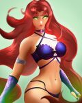  armband bikini breasts collar colored_skin dc_comics green_background green_eyes highres looking_at_viewer mcdobo midriff nail_polish orange_skin purple_bikini red_hair starfire swimsuit teen_titans 