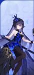  bare_shoulders black_bracelet black_dress black_footwear black_hair black_headwear blue_background blue_theme character_name chinese_commentary closed_mouth colored_inner_hair dress hair_between_eyes highres holding holding_scythe honkai_(series) honkai_impact_3rd long_hair multicolored_hair official_alternate_costume official_art official_wallpaper open_hand orb scythe seele_vollerei seele_vollerei_(herrscher_of_rebirth) smile very_long_hair weapon 