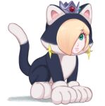  1girl absurdres all_fours animal_costume animal_ears animal_hands animal_hood blonde_hair blue_eyes cat_costume cat_ears cat_rosalina cat_tail crown earrings eyelashes full_body gloves hair_over_one_eye highres hood jewelry looking_at_viewer mario_(series) paw_gloves rosalina sasaki_sakiko star_(symbol) star_earrings super_mario_3d_world tail white_background 