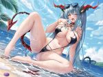  1girl absurdres azur_lane barefoot black_choker black_one-piece_swimsuit blue_hair blush breasts chinese_commentary chitu_hefeng_zhong choker commentary_request eyewear_on_head full_body highres horns large_breasts long_hair looking_at_viewer navel official_alternate_costume one-piece_swimsuit open_mouth outdoors regensburg_(azur_lane) regensburg_(dark_dragon_brilliant_beach)_(azur_lane) sitting smkle solo spiked_choker spikes starfish stomach sunglasses swimsuit tail thighs twintails water wet yellow_eyes 