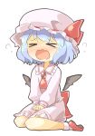  &gt;_&lt; arnest ascot bat_wings blue_hair blush brooch deformed embodiment_of_scarlet_devil fang hands_on_lap hat hat_ribbon highres jewelry mob_cap nose_blush open_mouth pink_headwear red_ascot remilia_scarlet ribbon short_hair sitting skin_fang sobbing tears touhou wariza wings 