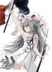 1girl absurdres animal_ears bandaged_ear bandaid closed_mouth commentary dress english_commentary fine_art_parody flag french_flag grey_hair highres holding holding_flag holding_weapon indie_virtual_youtuber liberty_leading_the_people long_hair ougiikun para_(vtuber) parody rabbit_ears red_eyes simple_background solo weapon white_background white_dress 